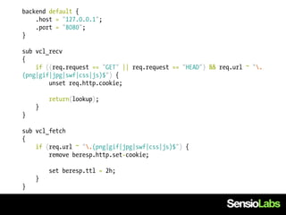 backend default {
    .host = "127.0.0.1";
    .port = "8080";
}

sub vcl_recv
{
    if ((req.request == "GET" || req.request == "HEAD") && req.url ~ ".
(png|gif|jpg|swf|css|js)$") {
        unset req.http.cookie;

        return(lookup);
    }
}

sub vcl_fetch
{
    if (req.url ~ ".(png|gif|jpg|swf|css|js)$") {
        remove beresp.http.set-cookie;

        set beresp.ttl = 2h;
    }
}
 