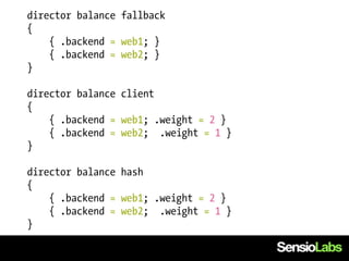director balance fallback
{
    { .backend = web1; }
    { .backend = web2; }
}

director balance client
{
    { .backend = web1; .weight = 2 }
    { .backend = web2; .weight = 1 }
}

director balance hash
{
    { .backend = web1; .weight = 2 }
    { .backend = web2; .weight = 1 }
}
 