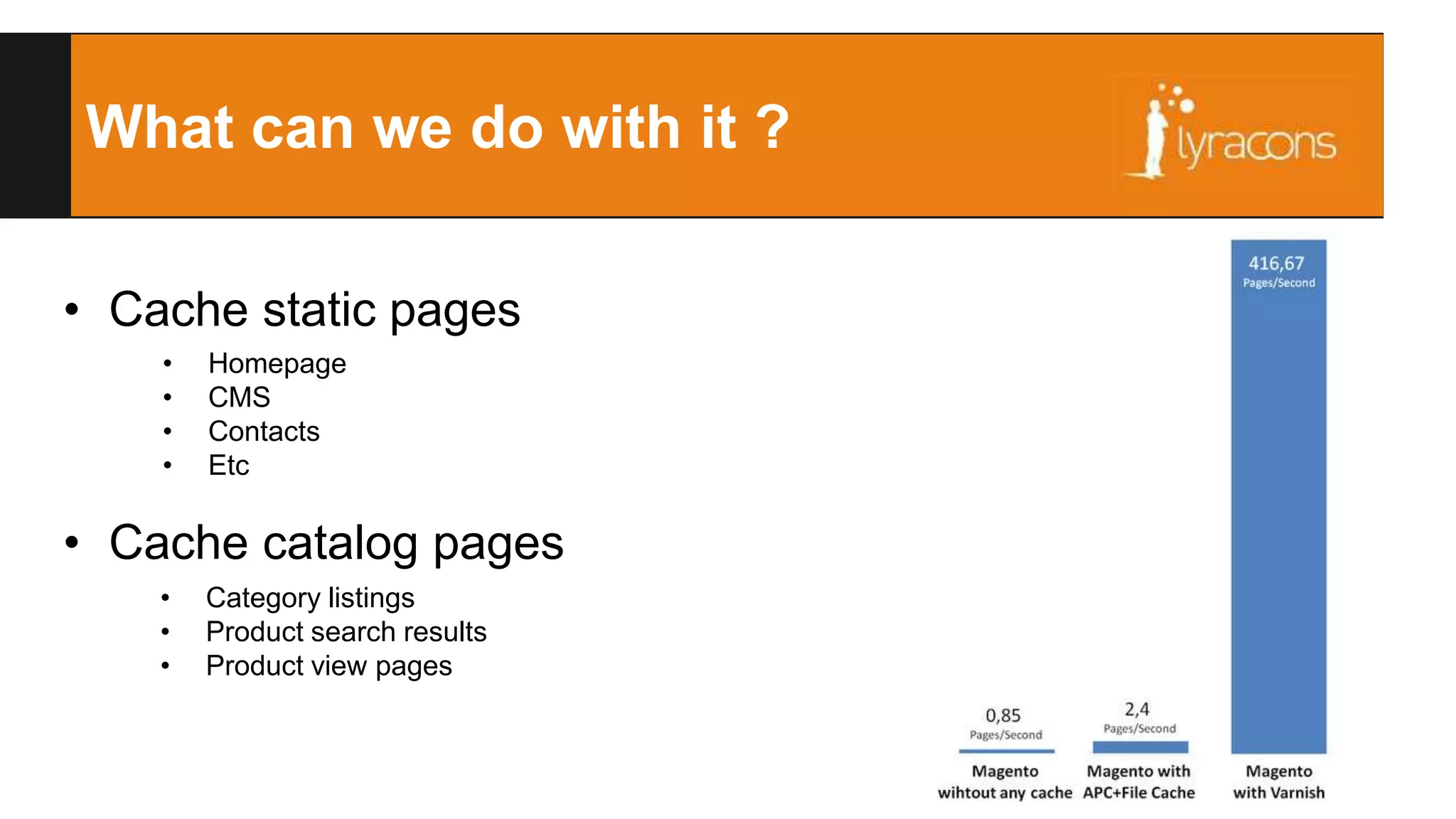 Does Magento support Varnish? 
WHY ? 
• Dynamic content/Personalization 
• Painstaking customization of VCL 
• No tagging/Partial flushing 
• Session Cookie 
NO 
 