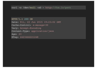 ETag
Unique	resource	fingerprint
Client	sends	ETag
Still	the	same?	304	Not-Modified
Prefer	ETag	over	Last-Modified
 