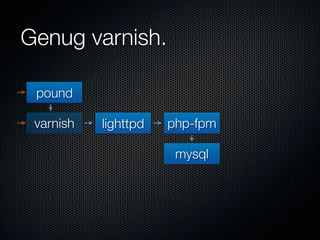 Genug varnish.

 pound

 varnish   lighttpd   php-fpm

                       mysql
 