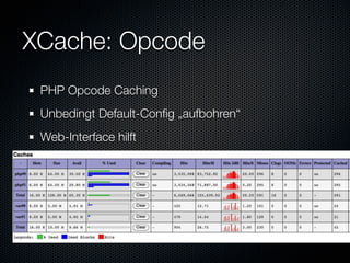 XCache: Opcode
 PHP Opcode Caching
 Unbedingt Default-Conﬁg „aufbohren“
 Web-Interface hilft
 