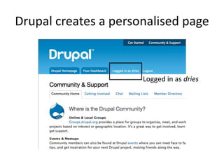 Drupal creates a personalised pageLogged in as dries