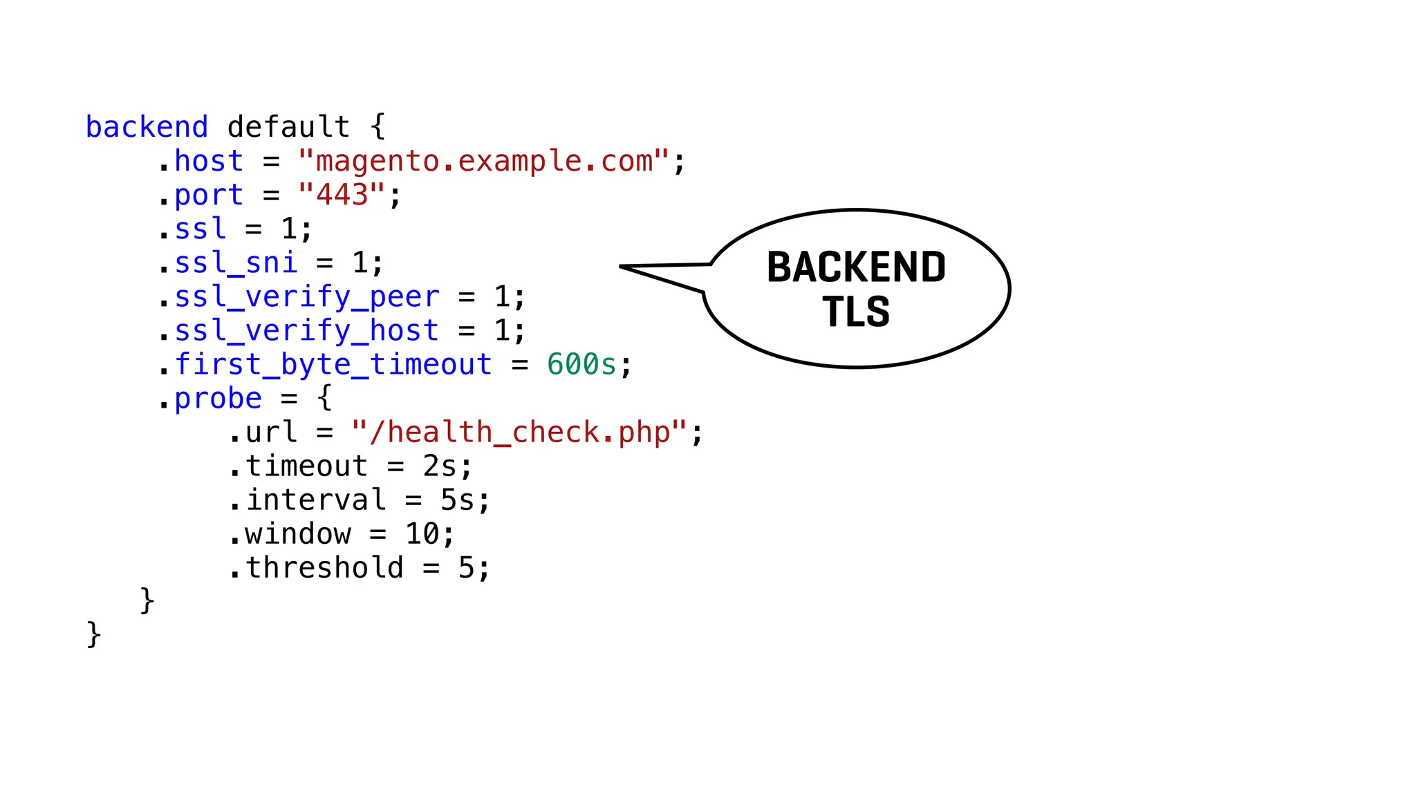 backend default {
.host = "magento.example.com";
.port = "443";
.ssl = 1;
.ssl_sni = 1;
.ssl_verify_peer = 1;
.ssl_verify_host = 1;
.first_byte_timeout = 600s;
.probe = {
.url = "/health_check.php";
.timeout = 2s;
.interval = 5s;
.window = 10;
.threshold = 5;
}
}
BACKEND
TLS
 