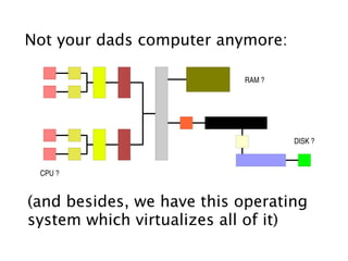 Not your dads computer anymore:

                           RAM ?




                                   DISK ?



 CPU ?


(and besides, we have this operating
system which virtualizes all of it)
 