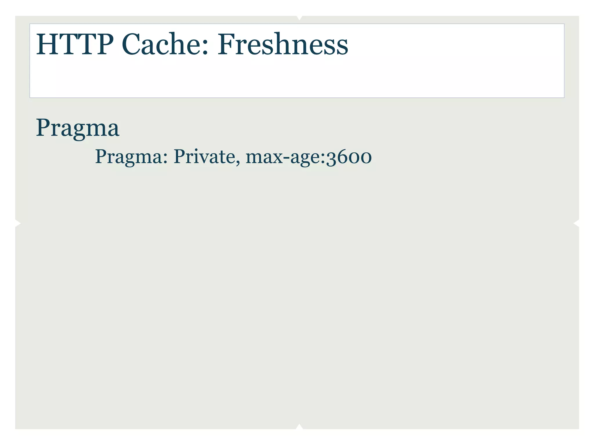 HTTP Cache: Freshness

Pragma
    Pragma: Private, max-age:3600
 
