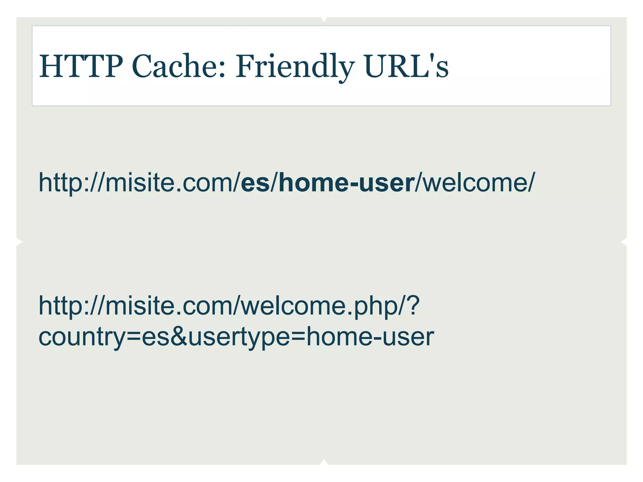 HTTP Cache: Friendly URL's


http://misite.com/es/home-user/welcome/



http://misite.com/welcome.php/?
country=es&usertype=home-user
 