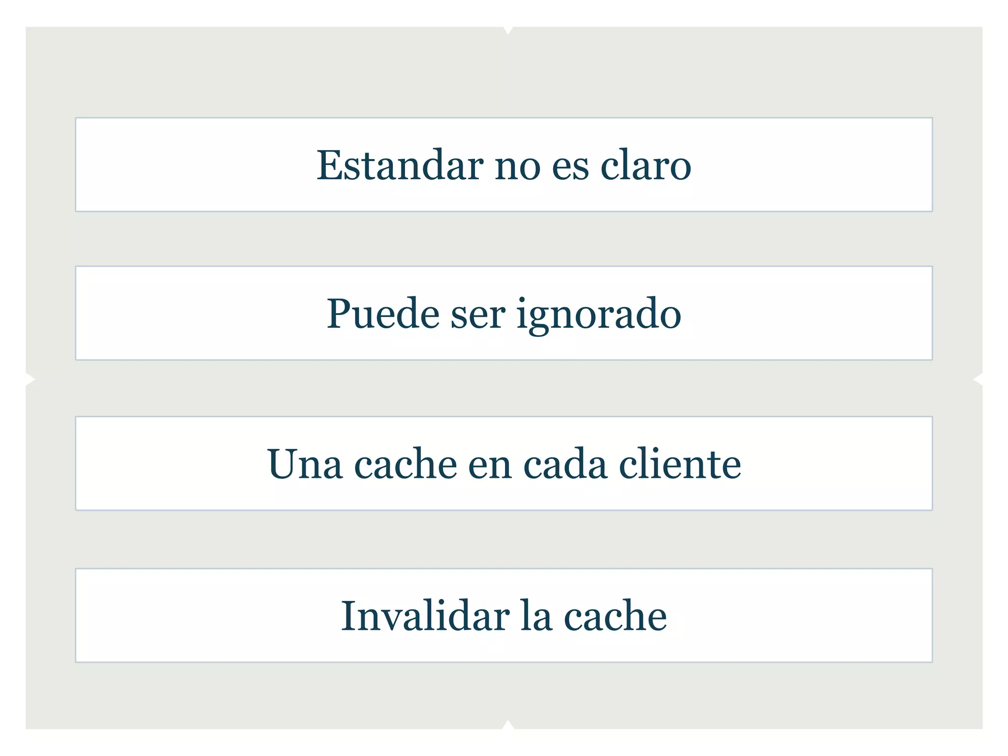 Estandar no es claro


   Puede ser ignorado


Una cache en cada cliente


   Invalidar la cache
 