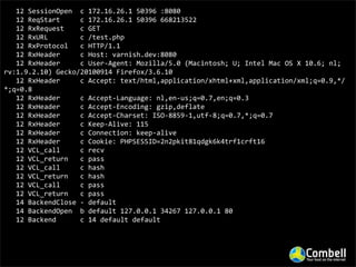  	
  	
  12	
  SessionOpen	
  	
  c	
  172.16.26.1	
  50396	
  :8080
	
  	
  	
  12	
  ReqStart	
  	
  	
  	
  	
  c	
  172.16.26.1	
  50396	
  668213522
	
  	
  	
  12	
  RxRequest	
  	
  	
  	
  c	
  GET
	
  	
  	
  12	
  RxURL	
  	
  	
  	
  	
  	
  	
  	
  c	
  /test.php
	
  	
  	
  12	
  RxProtocol	
  	
  	
  c	
  HTTP/1.1
	
  	
  	
  12	
  RxHeader	
  	
  	
  	
  	
  c	
  Host:	
  varnish.dev:8080
	
  	
  	
  12	
  RxHeader	
  	
  	
  	
  	
  c	
  User-­‐Agent:	
  Mozilla/5.0	
  (Macintosh;	
  U;	
  Intel	
  Mac	
  OS	
  X	
  10.6;	
  nl;	
  
rv:1.9.2.10)	
  Gecko/20100914	
  Firefox/3.6.10
	
  	
  	
  12	
  RxHeader	
  	
  	
  	
  	
  c	
  Accept:	
  text/html,application/xhtml+xml,application/xml;q=0.9,*/
*;q=0.8
	
  	
  	
  12	
  RxHeader	
  	
  	
  	
  	
  c	
  Accept-­‐Language:	
  nl,en-­‐us;q=0.7,en;q=0.3
	
  	
  	
  12	
  RxHeader	
  	
  	
  	
  	
  c	
  Accept-­‐Encoding:	
  gzip,deflate
	
  	
  	
  12	
  RxHeader	
  	
  	
  	
  	
  c	
  Accept-­‐Charset:	
  ISO-­‐8859-­‐1,utf-­‐8;q=0.7,*;q=0.7
	
  	
  	
  12	
  RxHeader	
  	
  	
  	
  	
  c	
  Keep-­‐Alive:	
  115
	
  	
  	
  12	
  RxHeader	
  	
  	
  	
  	
  c	
  Connection:	
  keep-­‐alive
	
  	
  	
  12	
  RxHeader	
  	
  	
  	
  	
  c	
  Cookie:	
  PHPSESSID=2n2pkit81qdgk6k4trf1crft16
	
  	
  	
  12	
  VCL_call	
  	
  	
  	
  	
  c	
  recv
	
  	
  	
  12	
  VCL_return	
  	
  	
  c	
  pass
	
  	
  	
  12	
  VCL_call	
  	
  	
  	
  	
  c	
  hash
	
  	
  	
  12	
  VCL_return	
  	
  	
  c	
  hash
	
  	
  	
  12	
  VCL_call	
  	
  	
  	
  	
  c	
  pass
	
  	
  	
  12	
  VCL_return	
  	
  	
  c	
  pass
	
  	
  	
  14	
  BackendClose	
  -­‐	
  default
	
  	
  	
  14	
  BackendOpen	
  	
  b	
  default	
  127.0.0.1	
  34267	
  127.0.0.1	
  80
	
  	
  	
  12	
  Backend	
  	
  	
  	
  	
  	
  c	
  14	
  default	
  default
 