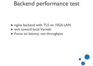 Backend performance test
● nginx backend with TLS on 10Gb LAN
● wrk toward local Varnish
● Focus on latency, not throughput
 