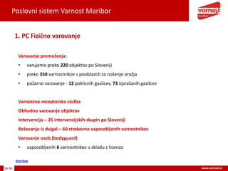 Poslovni sistem Varnost Maribor
15-76 www.varnost.si
Varovanje premoženja:
• varujemo preko 220 objektov po Sloveniji
• preko 350 varnostnikov s pooblastili za nošenje orožja
• požarno varovanje - 12 poklicnih gasilcev, 73 izprašanih gasilcev
Varnostno-receptorska služba
Obhodno varovanje objektov
Intervencija – 25 intervencijskih skupin po Sloveniji
Reševanje iz dvigal – 60 strokovno usposobljenih varnostnikov
Varovanje oseb (bodyguard)
• usposobljenih 6 varnostnikov v skladu z licenco
1. PC Fizično varovanje
Storitve
 