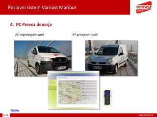 Poslovni sistem Varnost Maribor
25-76 www.varnost.si
4. PC Prevoz denarja
23 neprebojnih vozil 47 prirejenih vozil
Storitve
 
