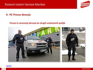Poslovni sistem Varnost Maribor
27-76 www.varnost.si
Prevoz in varovanje denarja ter drugih vrednostnih pošiljk
4. PC Prevoz denarja
Storitve
 