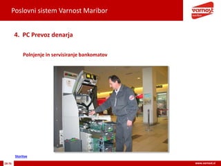 Poslovni sistem Varnost Maribor
28-76 www.varnost.siwww.varnost.si
Polnjenje in servisiranje bankomatov
4. PC Prevoz denarja
Storitve
 