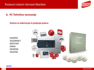 Poslovni sistem Varnost Maribor
41-76 www.varnost.siwww.varnost.si
Sistemi za odkrivanje in javljanje požara
6. PC Tehnično varovanje
COOPER
ALGORINET
NOTIFIER
ZARJA
SIEMENS
HOCHIKI
Storitve
 