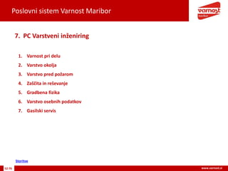 Poslovni sistem Varnost Maribor
52-76 www.varnost.si
1. Varnost pri delu
2. Varstvo okolja
3. Varstvo pred požarom
4. Zaščita in reševanje
5. Gradbena fizika
6. Varstvo osebnih podatkov
7. Gasilski servis
7. PC Varstveni inženiring
Storitve
 