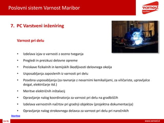 Poslovni sistem Varnost Maribor
53-76 www.varnost.si
Varnost pri delu
7. PC Varstveni inženiring
• Izdelava izjav o varnosti z oceno tveganja
• Pregledi in preizkusi delovne opreme
• Preiskave fizikalnih in kemijskih škodljivosti delovnega okolja
• Usposabljanja zaposlenih iz varnosti pri delu
• Posebna usposabljanja (za ravnanje z nevarnimi kemikalijami, za viličariste, upravljalce
dvigal, električarje itd.)
• Meritve električnih inštalacij
• Opravljanje nalog koordinatorja za varnost pri delu na gradbiščih
• Izdelava varnostnih načrtov pri gradnji objektov (projektna dokumentacija)
• Opravljanje nalog strokovnega delavca za varnost pri delu pri naročnikih
Storitve
 