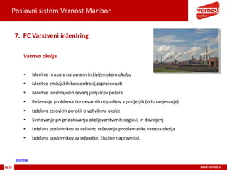 Poslovni sistem Varnost Maribor
54-76 www.varnost.si
Varstvo okolja
7. PC Varstveni inženiring
• Meritve hrupa v naravnem in življenjskem okolju
• Meritve emisijskih koncentracij zaprašenosti
• Meritve ionizirajočih sevanj javljalcev požara
• Reševanje problematike nevarnih odpadkov v podjetjih (odstranjevanje)
• Izdelava celovitih poročil o vplivih na okolje
• Svetovanje pri pridobivanju okoljevarstvenih soglasij in dovoljenj
• Izdelava poslovnikov za celovito reševanje problematike varstva okolja
• Izdelava poslovnikov za odpadke, čistilne naprave itd.
Storitve
 