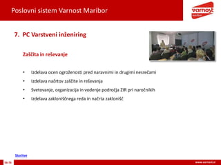 Poslovni sistem Varnost Maribor
56-76 www.varnost.si
Zaščita in reševanje
7. PC Varstveni inženiring
• Izdelava ocen ogroženosti pred naravnimi in drugimi nesrečami
• Izdelava načrtov zaščite in reševanja
• Svetovanje, organizacija in vodenje področja ZIR pri naročnikih
• Izdelava zakloniščnega reda in načrta zaklonišč
Storitve
 