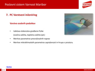 Poslovni sistem Varnost Maribor
58-76 www.varnost.si
Varstvo osebnih podatkov
7. PC Varstveni inženiring
• Izdelava elaboratov gradbene fizike
(zvočna zaščita, toplotna zaščita ipd.)
• Meritve parametrov prezračevalnih naprav
• Meritve mikroklimatskih parametrov zaprašenosti in hrupa v prostoru
Storitve
 