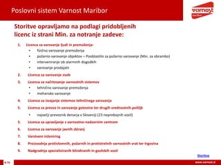 Poslovni sistem Varnost Maribor
8-76 www.varnost.siwww.varnost.si
1. Licenca za varovanje ljudi in premoženja:
• fizično varovanje premoženja
• požarno varovanje objektov – Pooblastilo za požarno varovanje (Min. za obrambo)
• interveniranje ob alarmnih dogodkih
• varovanje prodajaln
2. Licenca za varovanje oseb
3. Licenca za načrtovanje varnostnih sistemov
• tehnično varovanje premoženja
• mehansko varovanje
4. Licenca za izvajanje sistemov tehničnega varovanja
5. Licenca za prevoz in varovanje gotovine ter drugih vrednostnih pošiljk
• največji prevoznik denarja v Sloveniji (23 neprebojnih vozil)
5. Licenca za upravljanje z varnostno-nadzornim centrom
6. Licenca za varovanje javnih zbiranj
7. Varstveni inženiring
8. Proizvodnja protivlomnih, požarnih in protistrelnih varnostnih vrat ter trgovina
9. Nadgradnja specializiranih blindiranih in gasilskih vozil
Storitve opravljamo na podlagi pridobljenih
licenc iz strani Min. za notranje zadeve:
Storitve
 