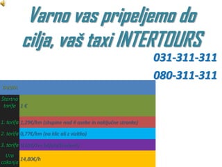 Varno vas pripeljemo do
          cilja, vaš taxi INTERTOURS
                                                                031-311-311
                                                                080-311-311
TARIFA

Štartna
 tarifa 1 €

1. tarifa 1,29€/km (skupine nad 4 osebe in naključne stranke)

2. tarifa 0,77€/km (na klic ali z vizitko)

3. tarifa 0,69€/km (dijaki/študenti)
  Ura
        14,80€/h
cakanja
 