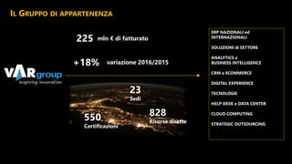 828
Risorse dirette
23
Sedi
ERP NAZIONALI ed
INTERNAZIONALI
SOLUZIONI di SETTORE
ANALYTICS e
BUSINESS INTELLIGENCE
CRM e ECOMMERCE
DIGITAL EXPERIENCE
TECNOLOGIE
HELP DESK e DATA CENTER
CLOUD COMPUTING
STRATEGIC OUTSOURCING
IL GRUPPO DI APPARTENENZA
550
Certificazioni
225 mln € di fatturato
+18% variazione 2016/2015
Inspiring Innovation
 