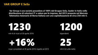 Var Group è una società posseduta al 100% dal Gruppo SeSa, leader in Italia nella
distribuzione di soluzioni IT a valore per le imprese, dal 2013 presente sul Mercato
Telematico Azionario di Borsa Italiana con una capitalizzazione di circa 250 mln €.
1230mln € di ricavi al 30 aprile 2016
25mln € di utile netto
1200dipendenti
+16%ricavi consolidati al 30 aprile 2016 rispetto al 2015
VAR GROUP E SeSa
 