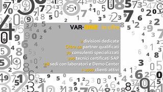 in cifre
2 divisioni dedicate
Oltre 40 partner qualificati
70 consulenti specializzati
200 tecnici certificati SAP
58 sedi con laboratori e Demo Center
+ 1000 clienti attivi
 