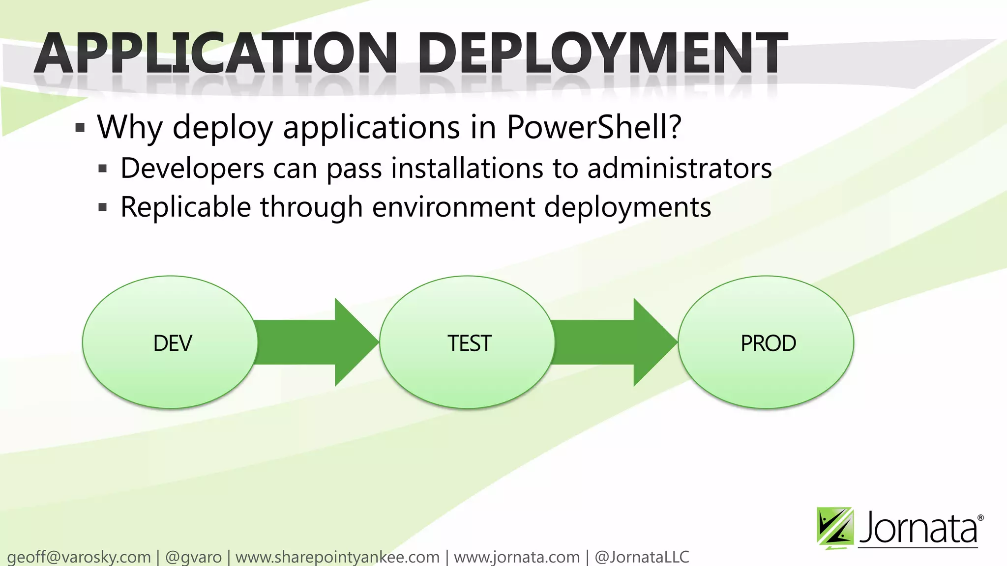  Why deploy applications in PowerShell?  Developers can pass installations to administrators  Replicable through environment deployments DEV TEST PROD 