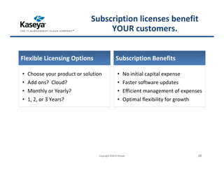 • Choose your product or solution
• Add ons? Cloud?
• Monthly or Yearly?
• 1, 2, or 3 Years?
Flexible Licensing Options
• No initial capital expense
• Faster software updates
• Efficient management of expenses
• Optimal flexibility for growth
Subscription Benefits
Copyright ©2015 Kaseya 39
Subscription licenses benefit
YOUR customers.
 
