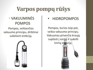 Varpos pompų rūšys
• VAKUUMINĖS
POMPOS
Pompos, veikiančios
vakuumo principu, dirbtinai
sukeliant erekciją.
• HIDROPOMPOS
Pompos, kurios taip pat,
veikia vakuumo principu.
Vakuumas priverčia kraują
suplūsti į varpą ir sukelti
tvirtą erekciją.
 