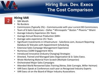 Hiring Bus. Dev. Execs
The Cost Comparison
Hiring VAR
• $8K Month
• No Burdens
• Commissions (Typically 3%) – Commensurate with your current BD Commissions
• Team of 6 Sales Executives – Dallas * Minneapolis * Boston * Phoenix * Miami
• Average Industry Experience 20+ Years
• Average Annual Revenue Production $6M+
• Average sales experience 25+ Years
• Significant Investments in Infrastructure - Salesforce.com, Account Reporting
Database & Telesales with Appointment Scheduling
• Extensive Sales Campaign Management Experience
• Numerous $10M Engagement Wins
• Introduced Innovative (Industry Changing) Strategies
• Directed, Trained and Managed Sales Organization & Sr. Sales Execs.
• Wrote Marketing Material from Scratch (Multiple Companies)
• Orchestrated Major Sales Campaigns
• Attended World Renowned Sales Training (Xerox, Dale Carnegie, Miller Heiman)
• VAR Execs Speak at Conferences each year as Recognized Industry Experts
• VAR Execs sit on the Board of Major Industry Associations
2
 