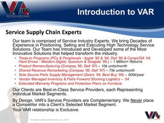 Introduction to VAR
© Veterans Alliance Resourcing, Inc. 2014
Our team is comprised of Service Industry Experts. We bring Decades of
Experience in Positioning, Selling and Executing High Technology Service
Solutions. Our Team has Introduced and Developed some of the Most
Innovative Solutions that helped transform the industry.
• Trade-In Programs (PCs & Peripherals - Apple ’90 & ‘94, Dell ’96 & CompUSA ‘04,
Hard Drives - Western Digital, Quantum & Seagate ‘96,) – 1 Million+ Returns
• Product Remanufacturing (Compaq ’96, Dell ‘97) – 10k units/month
• Shared Revenue Remarketing (Compaq ‘96, Dell ‘97) – 75k units/month
• Sole-Source Parts Supply Management (Sears ‘94, Best Buy ‘99) – 500k/year
• Vendor Managed Inventory & Parts Forward Stocking Logistics – ‘04
• Extended Warranty Programs and Protection Plans on Furniture
Our Clients are Best-in-Class Service Providers, each Representing
Individual Market Segments.
By Design, VAR’s Service Providers are Complementary. We Never place
a Competitor into a Client’s Selected Market Segment.
Your VAR relationship is Exclusive.
Service Supply Chain Experts
 