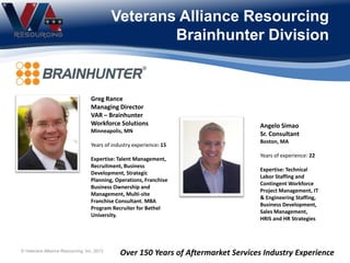Veterans Alliance Resourcing
Brainhunter Division
© Veterans Alliance Resourcing, Inc. 2013
Greg Rance
Managing Director
VAR – Brainhunter
Workforce Solutions
Minneapolis, MN
Years of industry experience: 15
Expertise: Talent Management,
Recruitment, Business
Development, Strategic
Planning, Operations, Franchise
Business Ownership and
Management, Multi-site
Franchise Consultant. MBA
Program Recruiter for Bethel
University.
Over 150 Years of Aftermarket Services Industry Experience
Angelo Simao
Sr. Consultant
Boston, MA
​
Years of experience: 22
Expertise: Technical
Labor Staffing and
Contingent Workforce
Project Management, IT
& Engineering Staffing,
Business Development,
Sales Management,
HRIS and HR Strategies
 