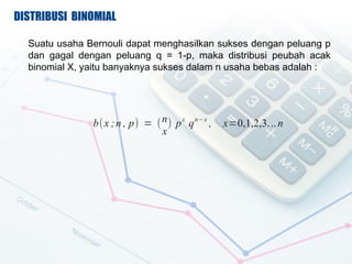 DISTRIBUSI BINOMIAL

  Suatu usaha Bernouli dapat menghasilkan sukses dengan peluang p
  dan gagal dengan peluang q = 1-p, maka distribusi peubah acak
  binomial X, yaitu banyaknya sukses dalam n usaha bebas adalah :




               b( x ; n , p) = ( n ) p x q n? x ,   x=0,1,2,3... n
                                 x
 