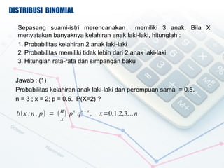DISTRIBUSI BINOMIAL

  Sepasang suami-istri merencanakan            memiliki 3 anak. Bila X
  menyatakan banyaknya kelahiran anak laki-laki, hitunglah :
  1. Probabilitas kelahiran 2 anak laki-laki
  2. Probabilitas memiliki tidak lebih dari 2 anak laki-laki,
  3. Hitunglah rata-rata dan simpangan baku


 Jawab : (1)
 Probabilitas kelahiran anak laki-laki dan perempuan sama = 0.5.
 n = 3 ; x = 2; p = 0.5. P(X=2) ?

  b( x ; n , p) = ( n ) p x q n? x ,   x=0,1,2,3. .. n
                    x
 