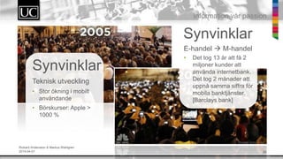 26
Information v?r passion
Rickard Andersson & Markus Wahlgren
2014-04-01
Synvinklar
Teknisk utveckling
? Stor ?kning i mobilt
anv?ndande
? B?rskurser: Apple >
1000 %
E-handel ? M-handel
? Det tog 13 ?r att f? 2
miljoner kunder att
anv?nda internetbank.
Det tog 2 m?nader att
uppn? samma siffra f?r
mobila banktj?nster.
[Barclays bank]
Synvinklar
 