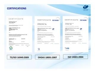 CERTIFICATIONS 
TS/ISO 16949:2009 OHSAS 18001:2007 ISO 14001:2004 
 