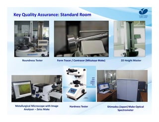 Key Quality Assurance: Standard Room 
Roundness Tester 2D Height Master 
Form Tracer / Contracer (Mitutoyo Make) 
Hardness Tester Shimadzu (Japan) Make Optical 
Spectrometer 
Metallurgical Microscope with Image 
Analyser – ZeissMake 
 