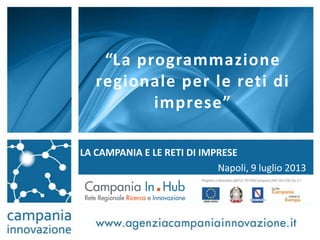 “La programmazione
regionale per le reti di
imprese”
LA CAMPANIA E LE RETI DI IMPRESE
Napoli, 9 luglio 2013
 