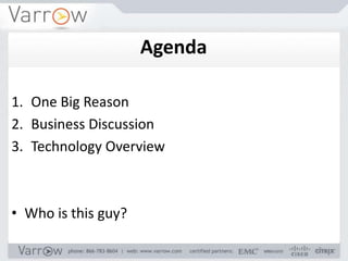 1. One Big Reason
2. Business Discussion
3. Technology Overview
• Who is this guy?
Agenda
 