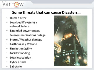 Some threats that can cause Disasters…
• Human Error
• Localized IT systems /
network failure
• Extended power outage
• Telecommunications outage
• Storm / Weather damage
• Earthquake / Volcano
• Fire in the facility
• Facility flooding
• Local evacuation
• Cyber attack
• Sabotage
 