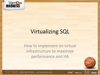 Virtualizing SQL

How to implement on virtual
 infrastructure to maximize
    performance and HA
 