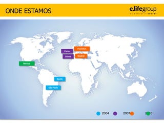 ONDE ESTAMOS




                                      Frankfurt
                             Porto

                             Lisboa   Madrid


    México




                    Recife


             São Paulo




                                                  2004   2007   2010
 