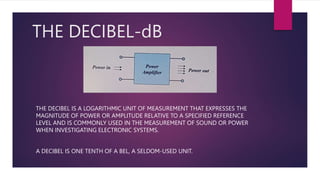 THE DECIBEL-dB
THE DECIBEL IS A LOGARITHMIC UNIT OF MEASUREMENT THAT EXPRESSES THE
MAGNITUDE OF POWER OR AMPLITUDE RELATIVE TO A SPECIFIED REFERENCE
LEVEL AND IS COMMONLY USED IN THE MEASUREMENT OF SOUND OR POWER
WHEN INVESTIGATING ELECTRONIC SYSTEMS.
A DECIBEL IS ONE TENTH OF A BEL, A SELDOM-USED UNIT.
 