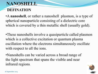 NANOSHELL 
DEFINATION 
•A nanoshell, or rather a nanoshell plasmon, is a type of 
spherical nanoparticle consisting of a dielectric core 
which is covered by a thin metallic shell (usually gold). 
•These nanoshells involve a quasiparticle called plasmon 
which is a collective excitation or quantum plasma 
oscillation where the electrons simultaneously oscillate 
with respect to all the ions. 
•Nanoshells can be varied across a broad range of 
the light spectrum that spans the visible and near 
infrared regions. 
16 September 2014 21 
 