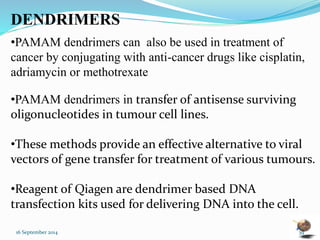 DENDRIMERS 
•PAMAM dendrimers can also be used in treatment of 
cancer by conjugating with anti-cancer drugs like cisplatin, 
adriamycin or methotrexate 
•PAMAM dendrimers in transfer of antisense surviving 
oligonucleotides in tumour cell lines. 
•These methods provide an effective alternative to viral 
vectors of gene transfer for treatment of various tumours. 
•Reagent of Qiagen are dendrimer based DNA 
transfection kits used for delivering DNA into the cell. 
16 September 2014 39 
 