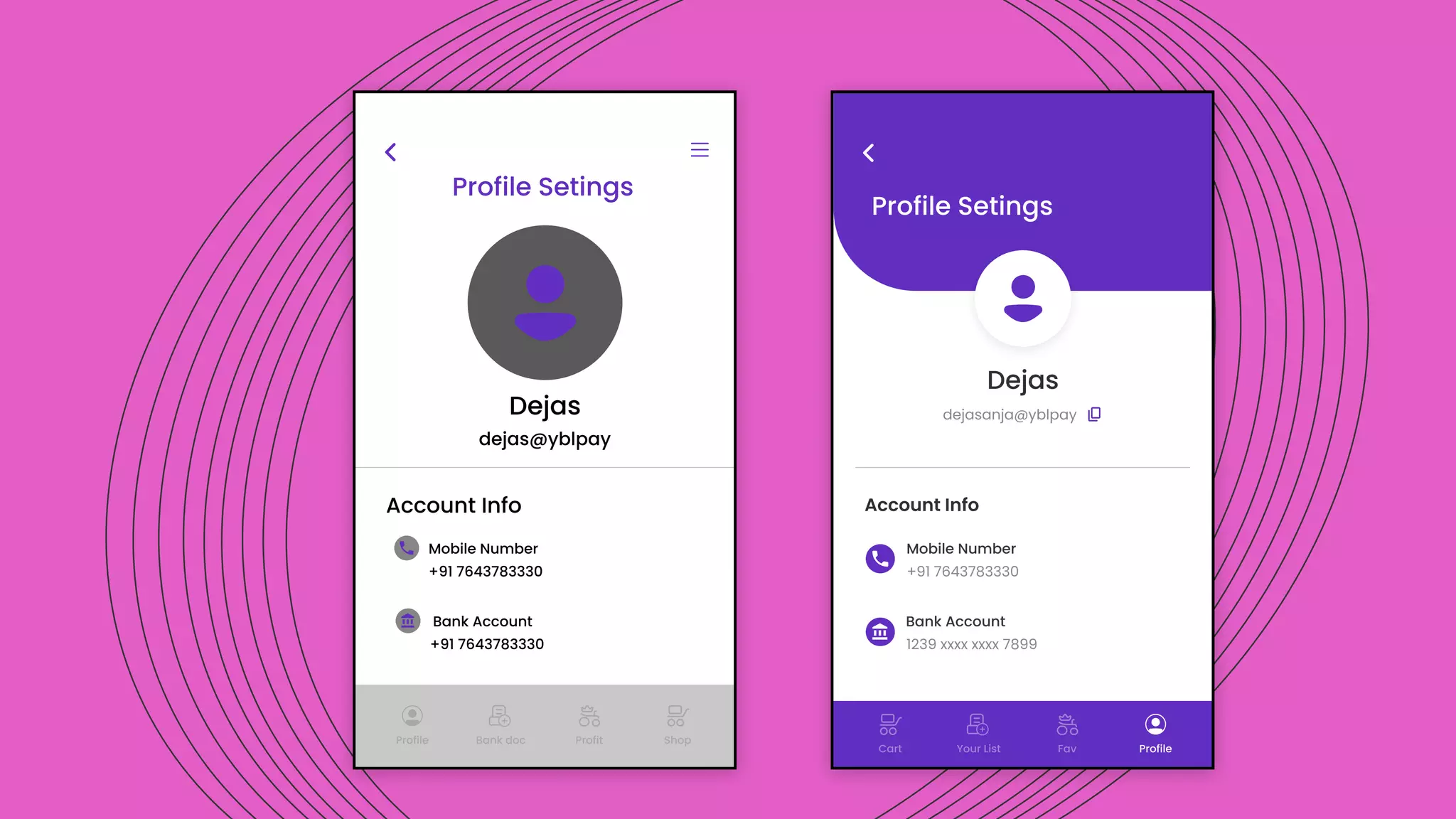 Profit Shop
Profile Bank doc
Profile Setings
Dejas
dejas@yblpay
Account Info
Mobile Number
Bank Account
+91 7643783330
+91 7643783330
Fav
Cart Profile
Your List
Profile Setings
Dejas
Account Info
Mobile Number
+91 7643783330
Bank Account
1239 xxxx xxxx 7899
dejasanja@yblpay
 