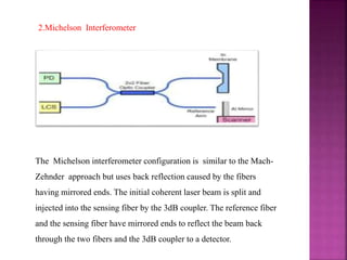 2.Michelson Interferometer
The Michelson interferometer configuration is similar to the Mach-
Zehnder approach but uses back reflection caused by the fibers
having mirrored ends. The initial coherent laser beam is split and
injected into the sensing fiber by the 3dB coupler. The reference fiber
and the sensing fiber have mirrored ends to reflect the beam back
through the two fibers and the 3dB coupler to a detector.
 